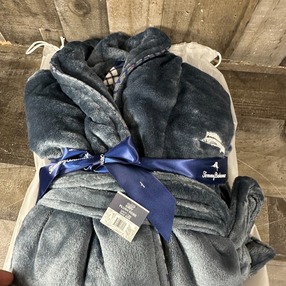 Tommy Bahama His Hers Navy Blue Plush Robe One Size Fits Most New - Picture 3 of 6